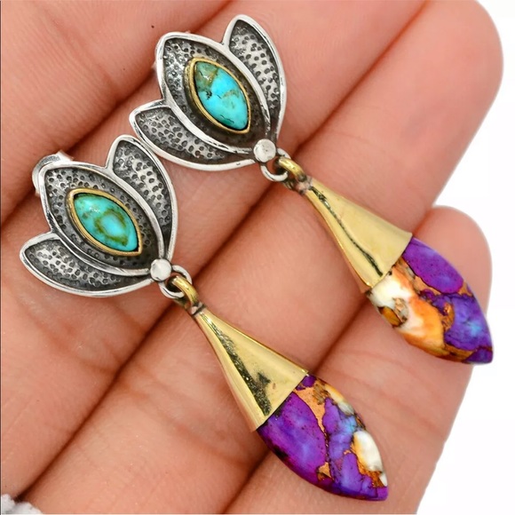 Jewelry - New Oyster purple turquoise and turquoise lotus Sterling silver earrings